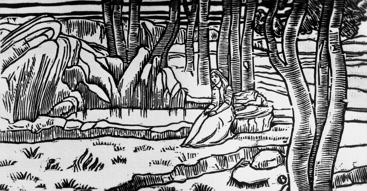 Woodcut by Charles Doudelet (1861-1938) for Pelleas and Melisande by Maurice Maeterlinck (1862-1949), published by Claudio Argentieri, Spoleto, Italy بواسطة تشارلز دوديليت