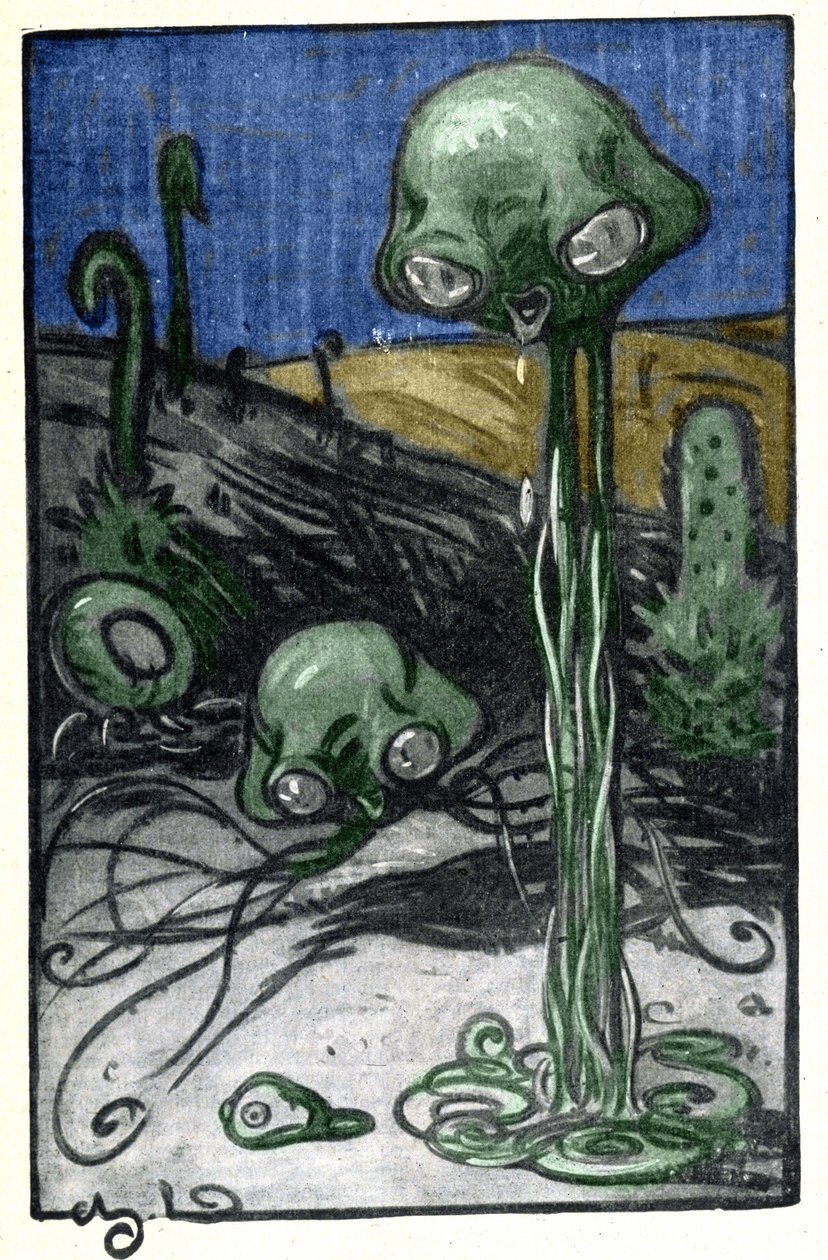 رسم إيضاحي لم. دودويت لرواية إتش جي ويلز (1866-1946) "حرب العوالم" ؛ تمثيل سكان كوكب المريخ. بواسطة شارل دودويت
