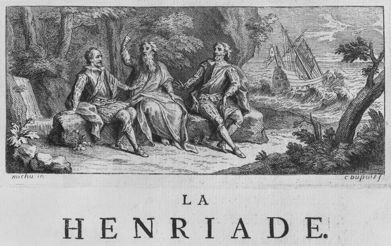 رسم توضيحي على الوجه الأمامي لـ "لا هنرياد" بقلم فولتير (1694-1778) 1728 بواسطة تشارلز دوبوي