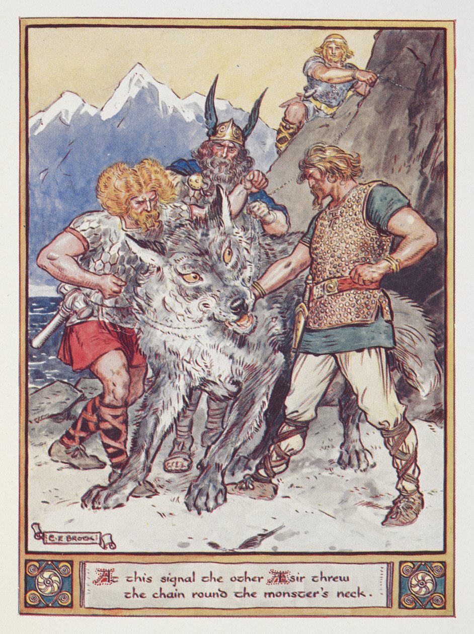 عند هذه الإشارة ، ألقى Esir الآخر السلسلة حول رقبة الوحش. Tyr يتعهد بيده لربط Fenrir the Wolf 