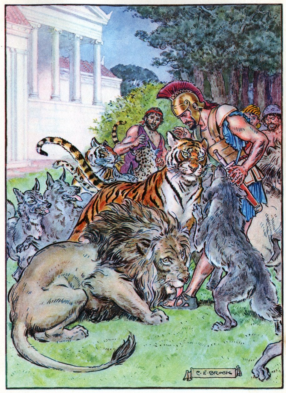 Eurylochus and the Lions ، من "ساعة الأطفال: قصص من الكلاسيكيات" ، نشرتها شركة Waverley Company بواسطة تشارلز إدموند بروك