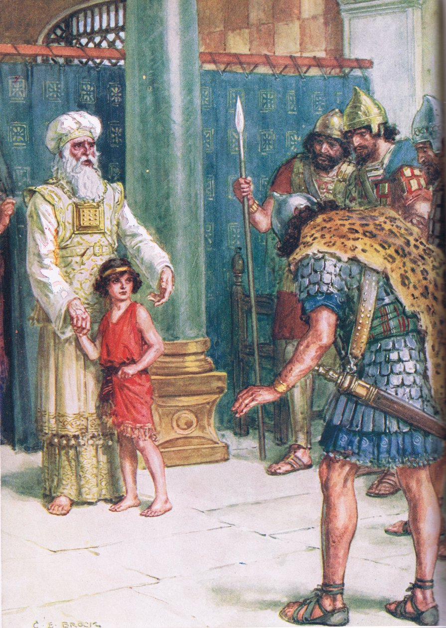 "حفظ الله الملك" ، رسم توضيحي من "من خلال الكتاب المقدس" نُشر عام ١٩٢٨ (حجر ملون) بواسطة تشارلز إدموند بروك