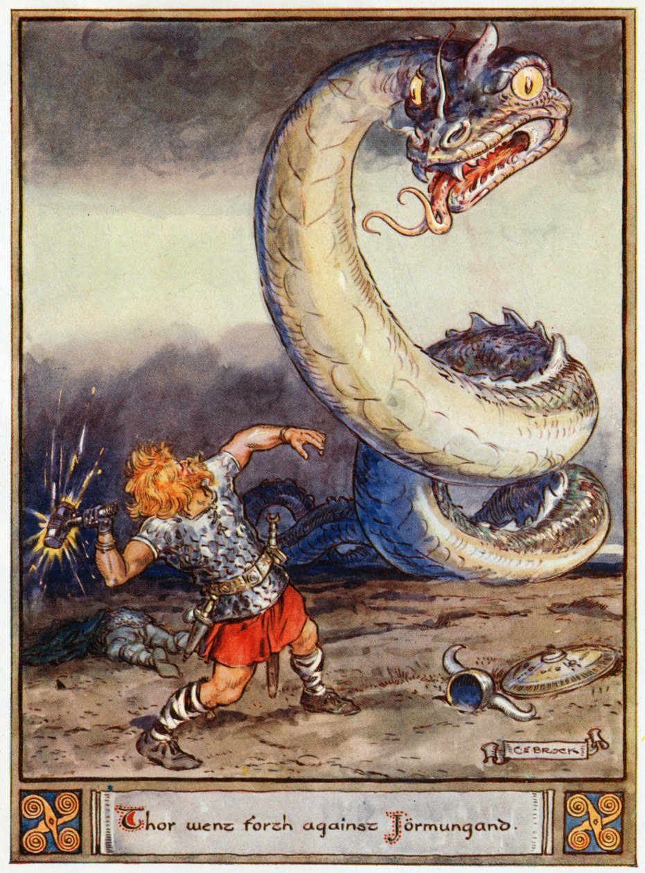 "ثور ذهب ضد Jormungand" ، التوضيح من "أبطال Asgard ، حكايات الأساطير الاسكندنافية" ، بقلم أوند إي كيري ، 1930 بواسطة تشارلز إدموند بروك