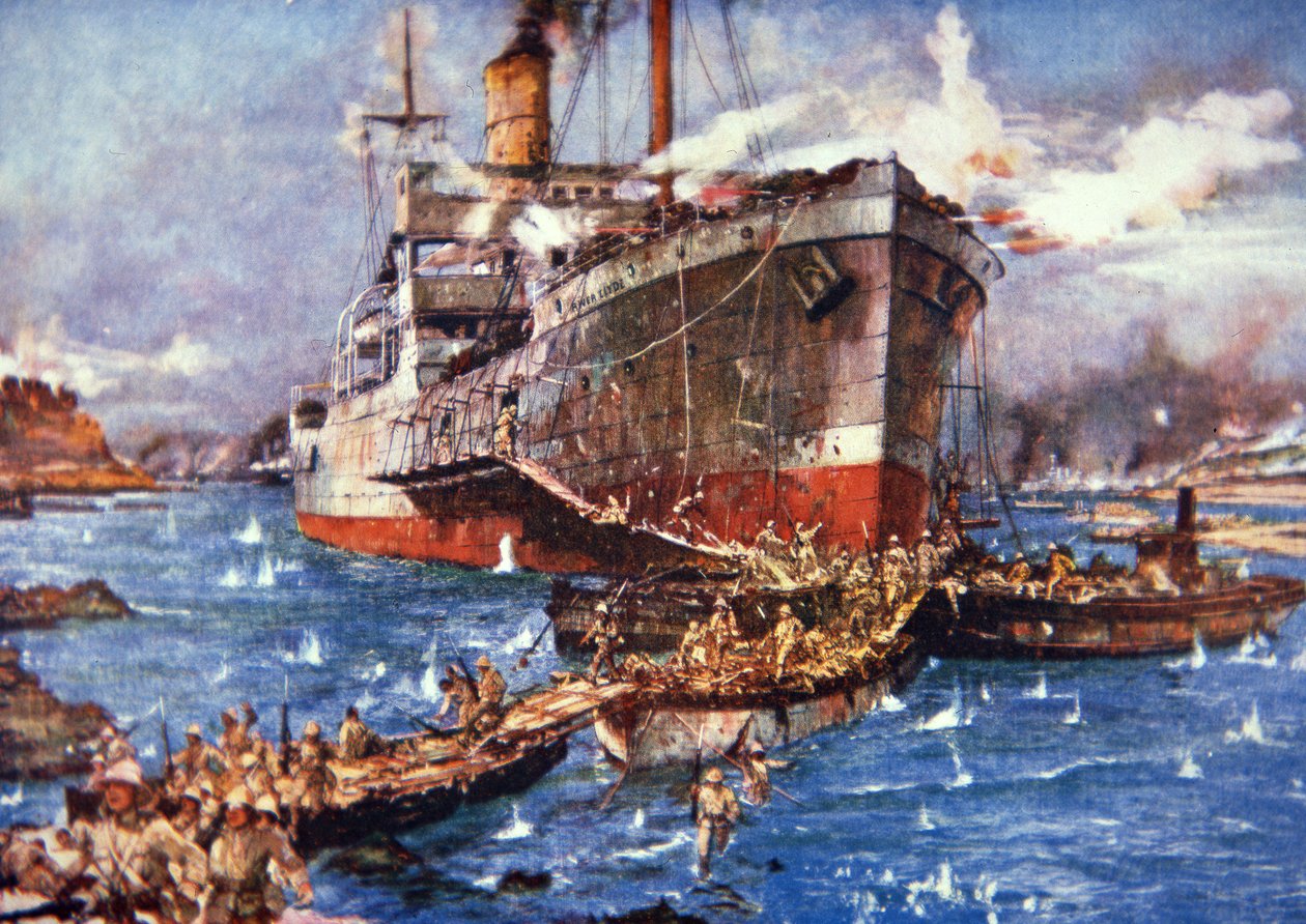 British troops from the River Clyde land at V Beach, Gallipoli, 25th April 1915 (colour litho) بواسطة تشارلز إدوارد ديكسون