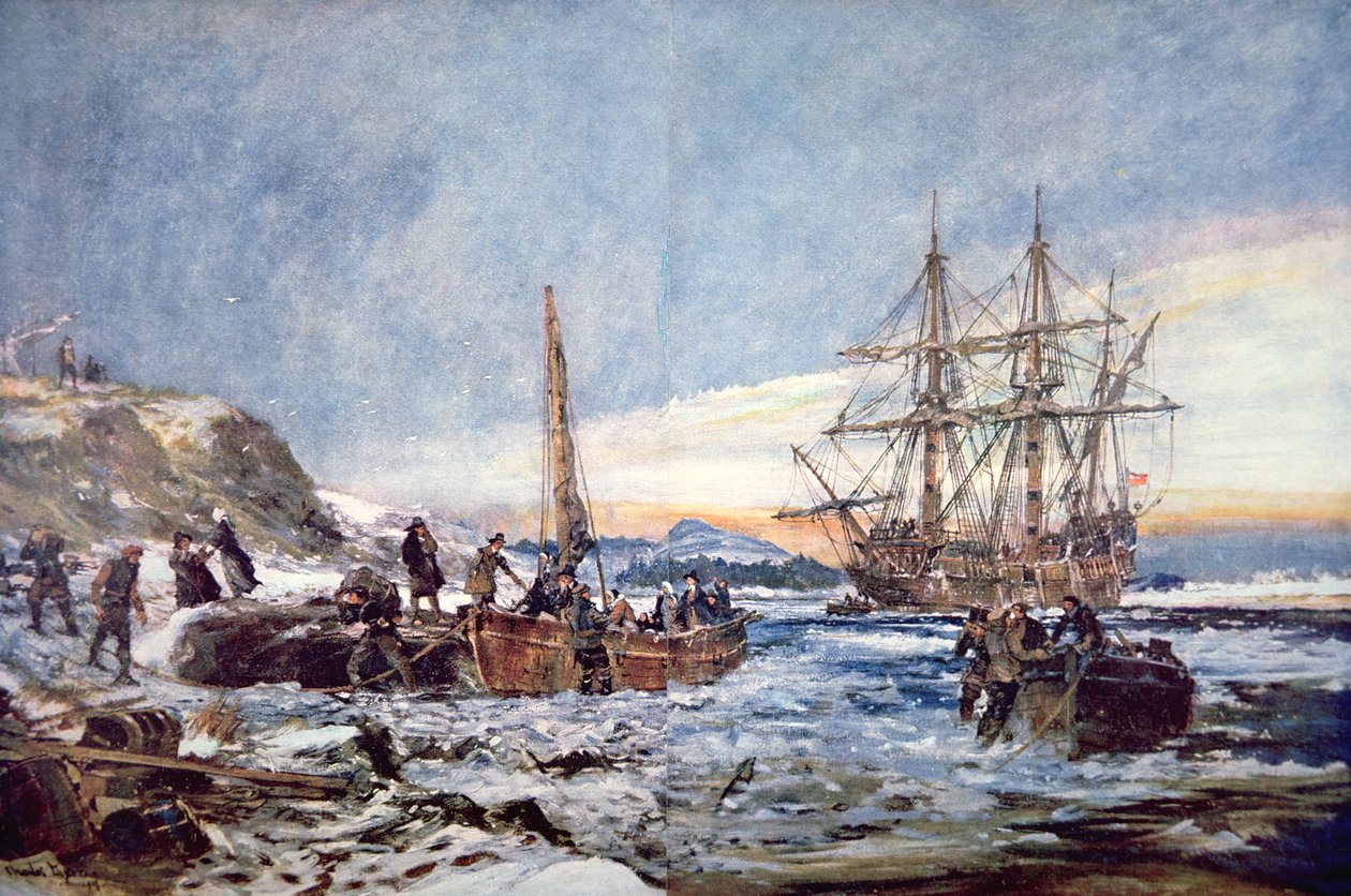 Landing of the Pilgrim Fathers at Plymouth, New England in 1620 (watercolor on paper) بواسطة تشارلز إدوارد ديكسون