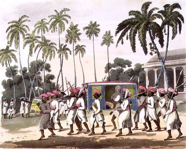 Palankeens ، اللوحة 42 من "رسومات شرقية" ، نقشها جون ويلز (fl.1792-1809) ، حانة. 1806 (أكواتينت) بواسطة شارل اميليوس (بعد) ذهب