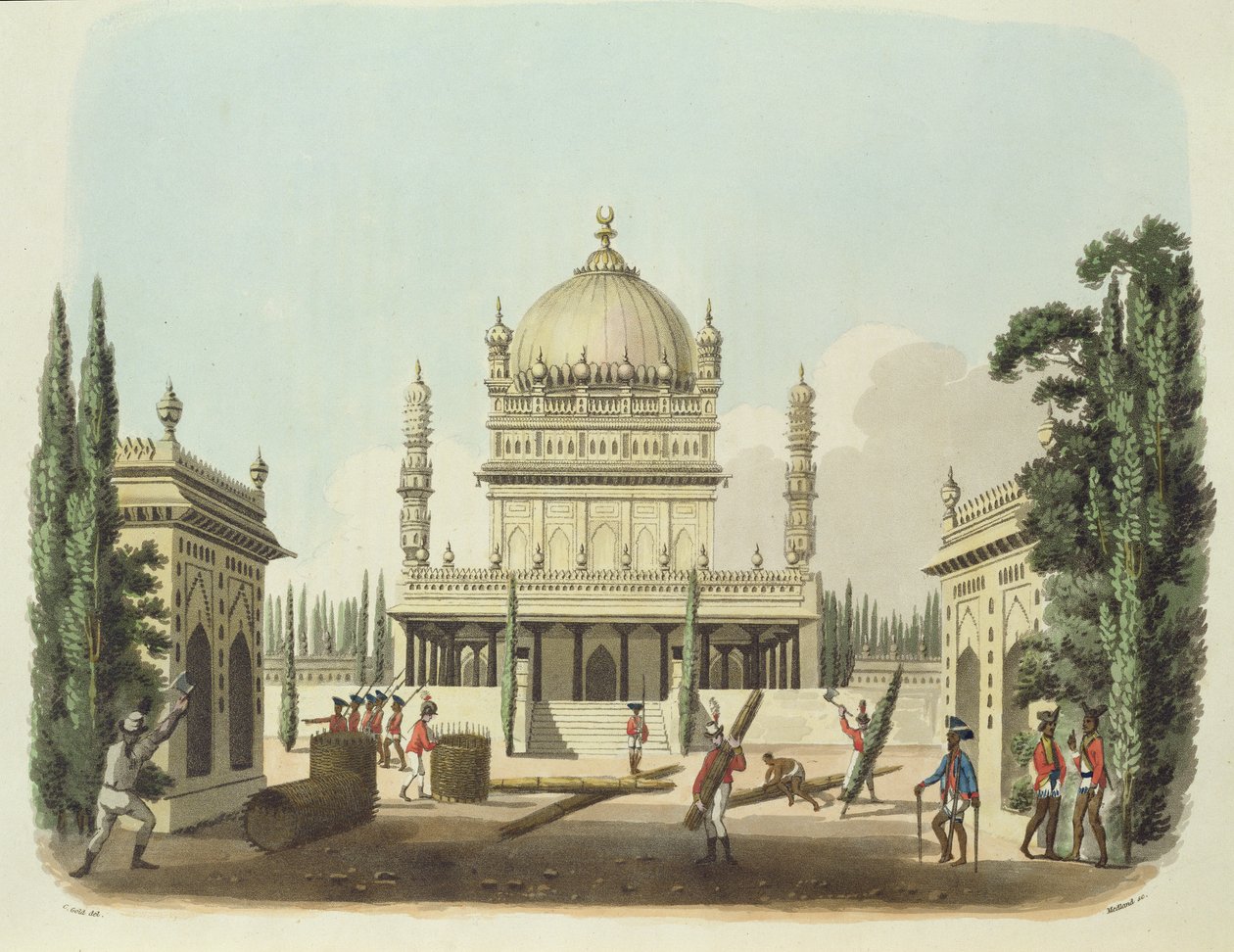 ضريح حيدر علي وتيبو سلطان ، اللوحة 49 من "رسومات شرقية" ، محفورة من قبل حانة توماس ميدلاند (1755-1823). 1806 (أكواتينت) بواسطة تشارلز إميليوس جولد