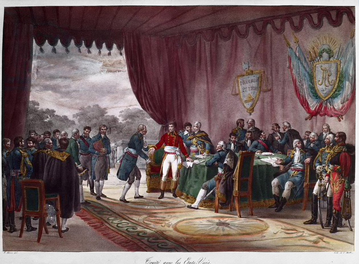 توقيع معاهدة مورتيفونتين في 30 سبتمبر 1800 - بين جوزيف بونابرت (1768-1844) والولايات المتحدة ؛ بيع لويزيانا لأمريكا - توقيع دو تريت دو مورتفونتين في 30/09/1800 وخلال هذه الفترة كانت فرنسا (يمثلها جوزيف بو بواسطة تشارلز إتيان بيير موت