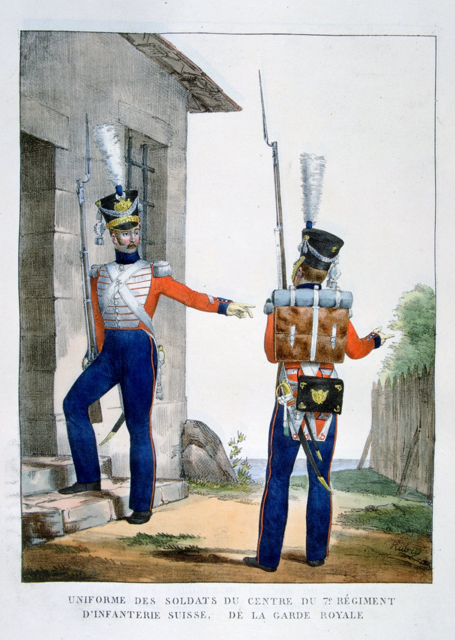 زي الفوج السابع السويسري لمشاة الحرس الملكي ، فرنسا ، 1823. بواسطة تشارلز إتيان بيير موت