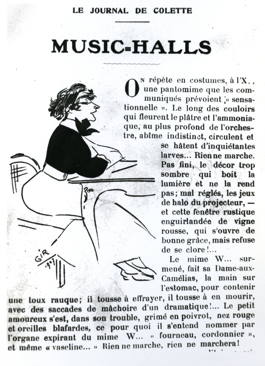 كاريكاتير كوليت من مقالتها عن قاعات الموسيقى في Vrilles de la Vigne ، المنشورة في La Vie Parisienne ، باريس ، 1908 بواسطة تشارلز فيليكس جير