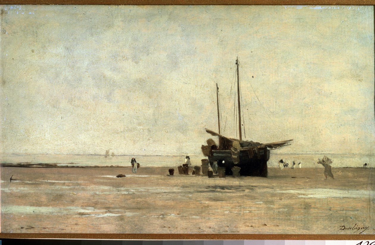 "" Seascape "" مركب شراعي على الرمال عند انخفاض المد. لوحة تشارلز فرانسوا دوبيني (1817-1878) 1868-1872 متحف بوشكين ، موسكو بواسطة تشارلز فرانسوا داوبيني