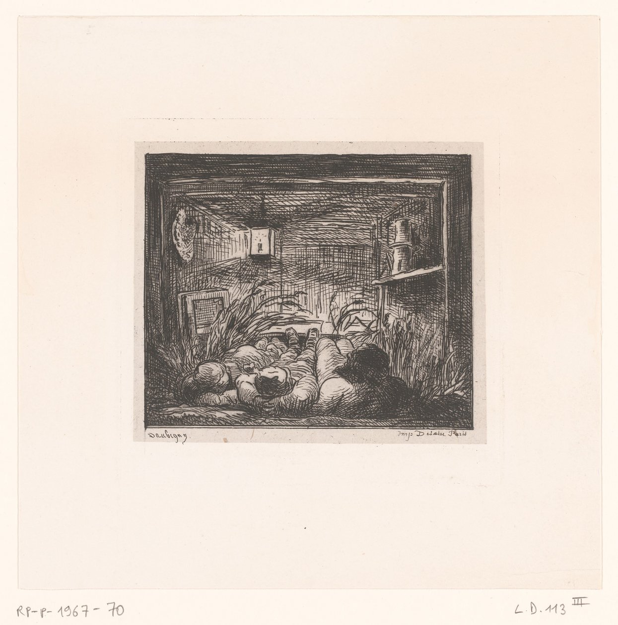 رجال نائمون في كابينة سلسلة Coucher à bord du Bottin مع مناظر طبيعية وأحداث حول المياه (عنوان السلسلة) Voyage en bateau (عنوان السلسلة) بواسطة تشارلز فرانسوا داوبيني