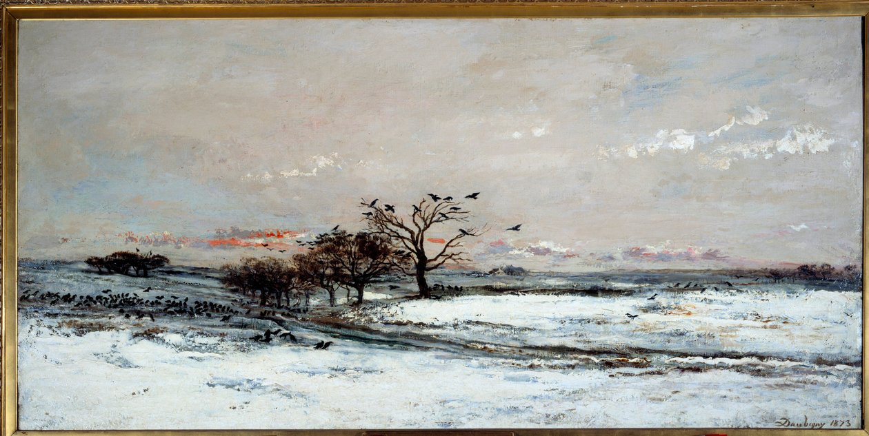 منظر طبيعي للثلج في غروب الشمس. لوحة تشارلز فرانسوا دوبيني (1817-1878) بواسطة تشارلز فرانسوا داوبيني