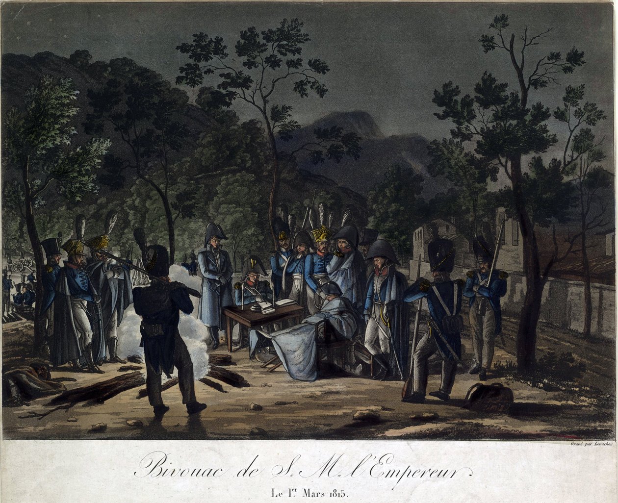 عودة نابليون من إلبا. إقامة نابليون المؤقتة في Golfe-Juan في 1 مارس 1815 - Levachez ، Charles Francois Gabriel (نشط 1760-1820) - 1815 - Aquatint - 29.5x30 - مجموعة خاصة بواسطة تشارلز فرانسوا جابرييل ليفاشيز