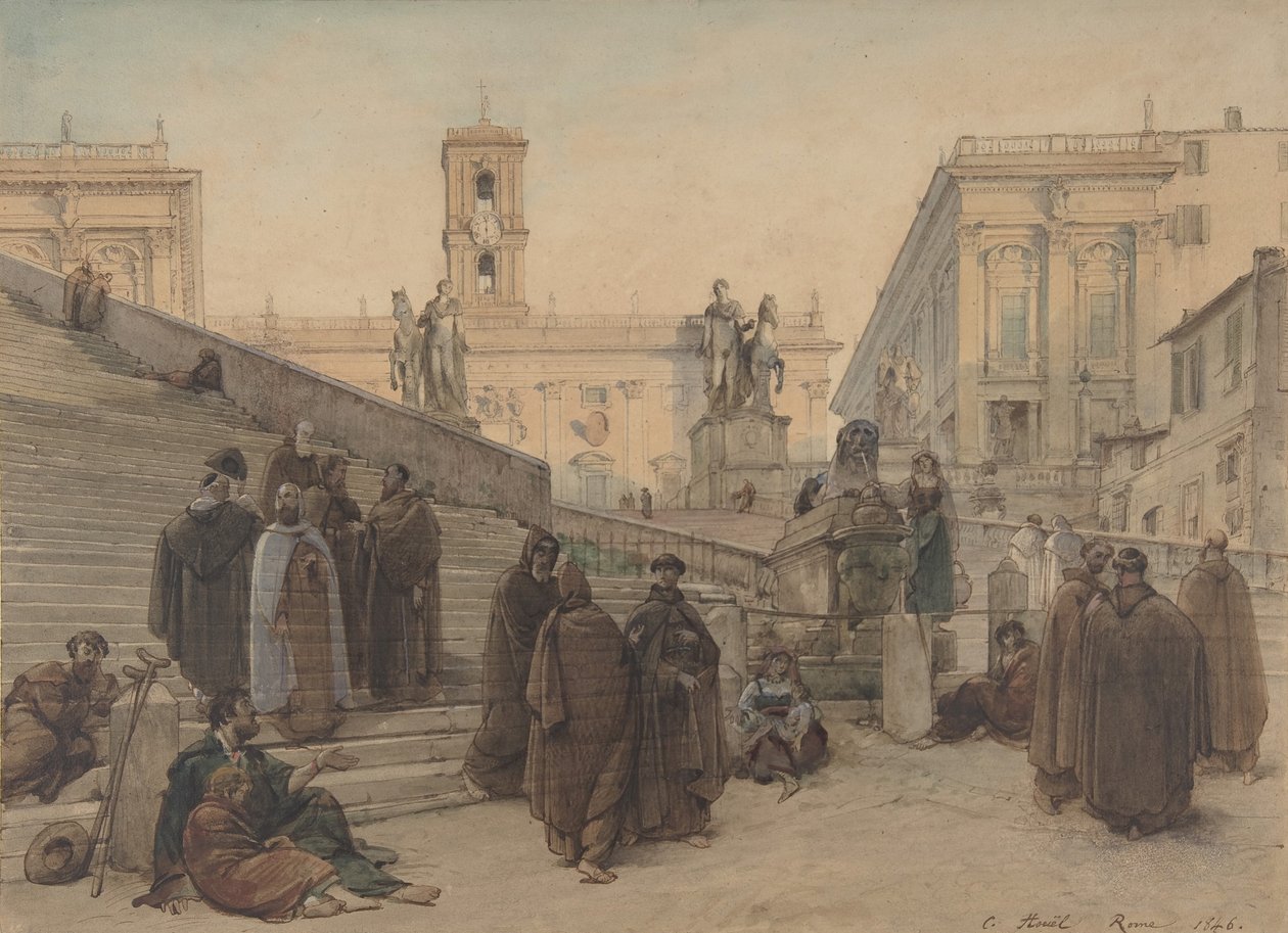 صورة Campidoglio من درج كنيسة Aracoeli ، روما ، عند غروب الشمس ، 1846. بواسطة تشارلز فرانسوا هويل