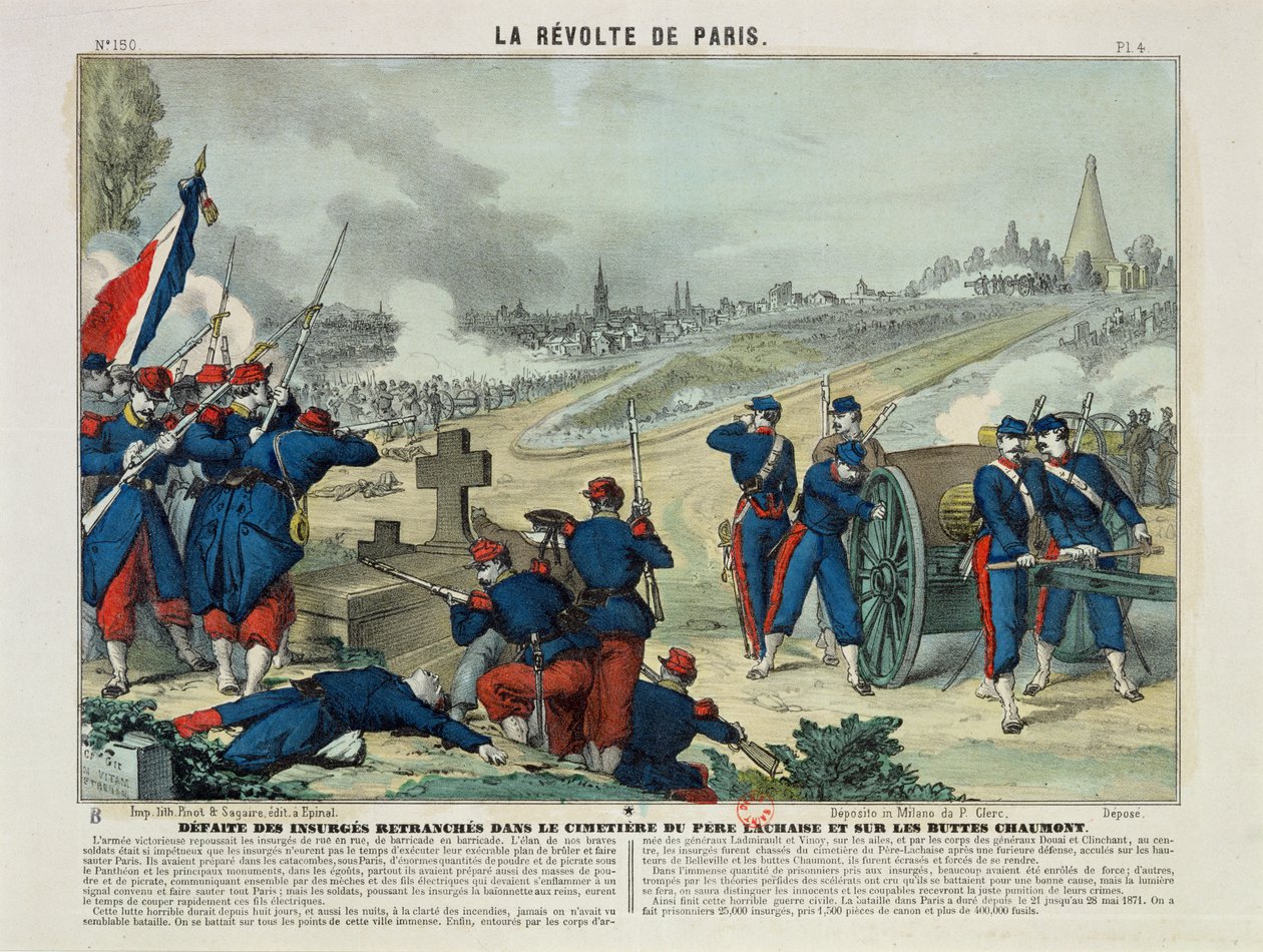 هزيمة المتمردين المتحصنين في مقبرة Pere Lachaise وعلى Chaumont Hill ، 1871 (نقش الألوان) بواسطة تشارلز فرانسوا بينوت
