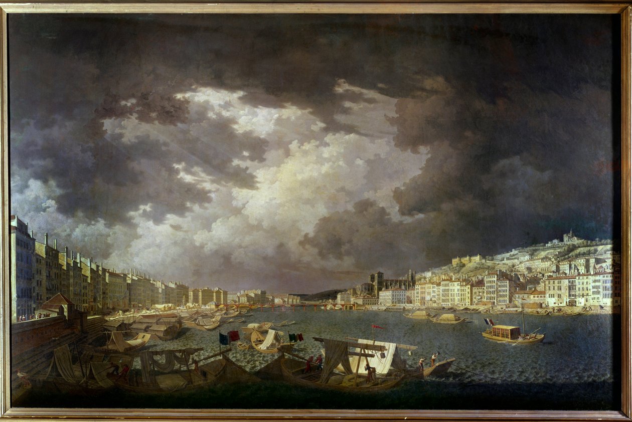Borders of the Saone in Lyon On the left trading activities, Painting by Charles Francois Nivard (1739-1821) 1804. بواسطة تشارلز فرانسوا نيفارد