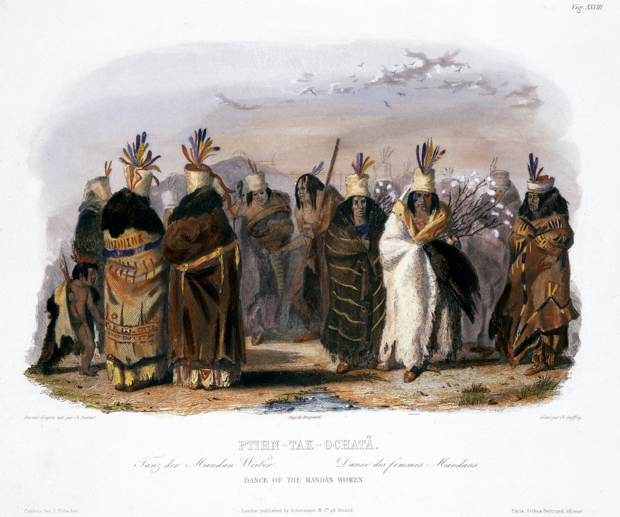 "Ptihn-Tak-Ochata ، Dance of the Mandan Women" ، ١٨٤٣ بواسطة تشارلز جيفروي