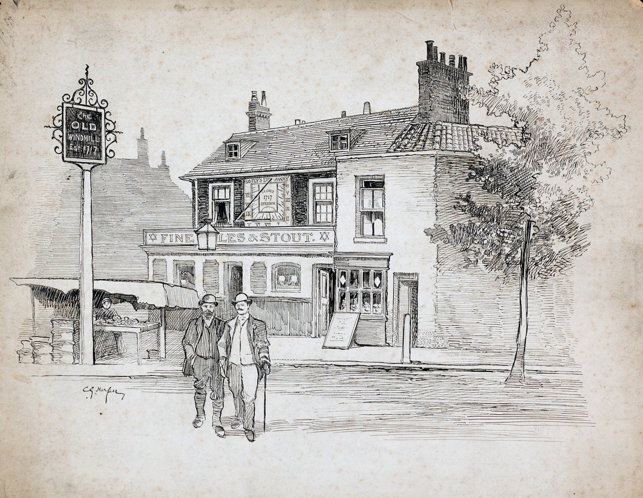 Old Windmill Public House ، 214-214 Chiswick High Road ، Turnham Green (قلم وحبر على ورق) بواسطة تشارلز جورج هاربر