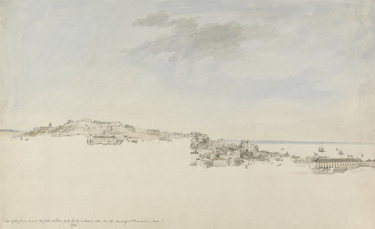 لشبونة ، من دير سانت فرانسيس دا القلعة ، 1774 (مرحاض بالقلم والحبر على الجرافيت على الورق) بواسطة تشارلز جور