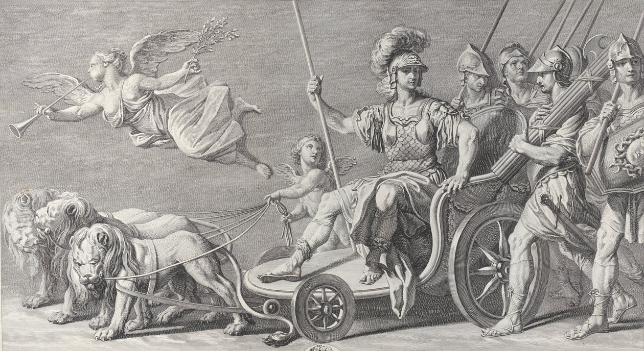 المريخ على عربة رسمها ثلاثة أسود ، 1749. بواسطة تشارلز غرينيون