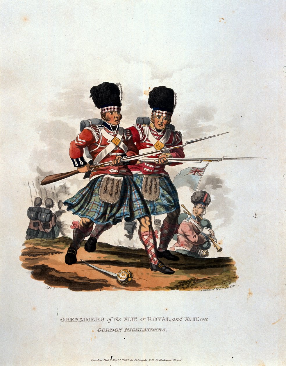 Grenadiers من 42 (أو الملكي) و 141 أو جوردون هايلاندرز ، من "أزياء جيش الإمبراطورية البريطانية ، وفقًا للوائح الأخيرة 1812" ، التي نقشها JC Stadler ، نشرتها Co بواسطة تشارلز هاميلتون سميث