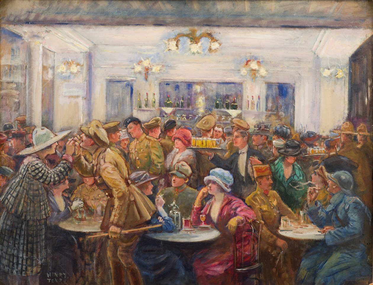 غرفة شرب LAlympia أثناء فترة الاستراحة ، c.1918 (زيت على لوح قماش) بواسطة تشارلز هنري تينري
