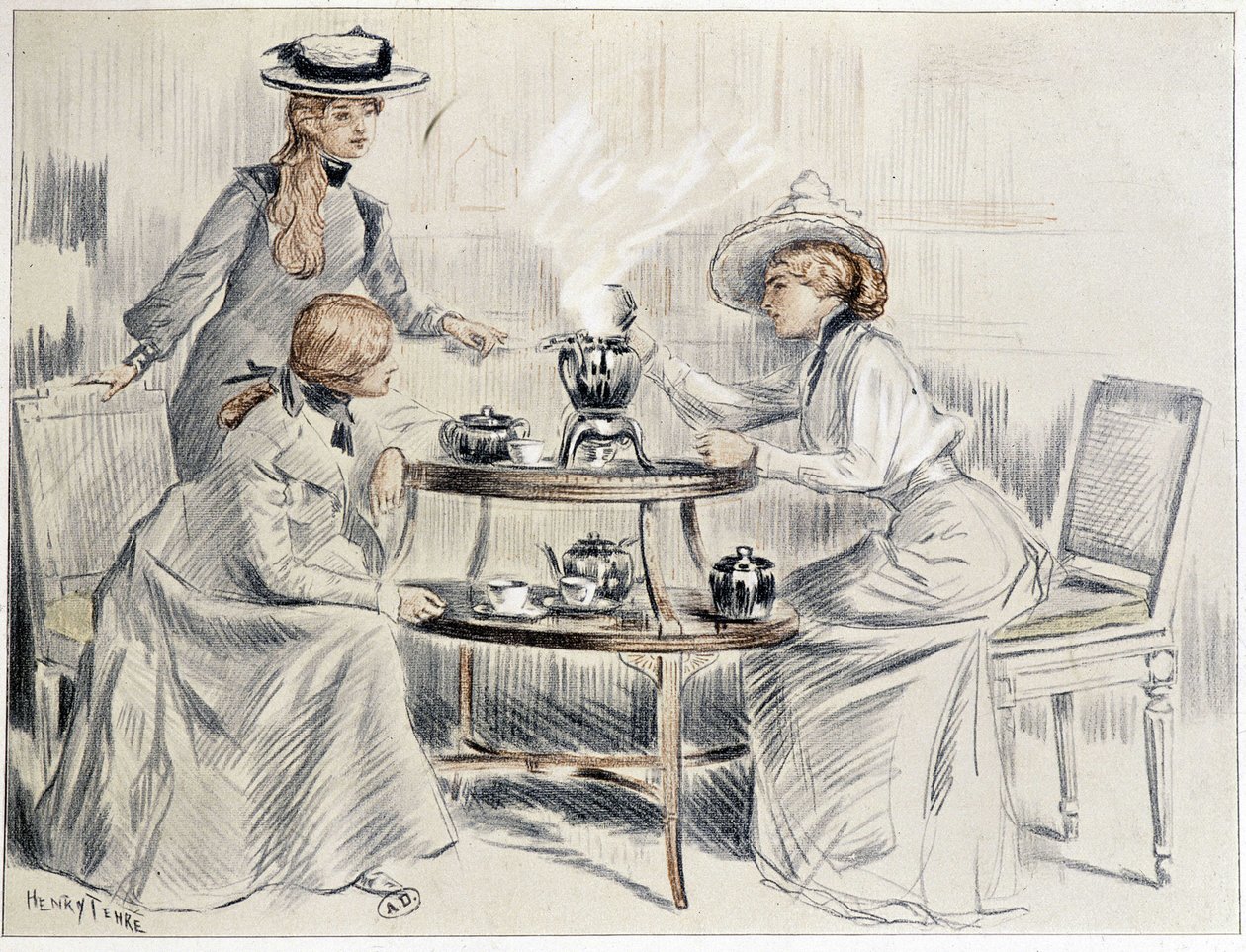 سيدات يتناولن الشاي حول السماور الصغير - رسم هنري تينري ، كاليفورنيا. 1910 بواسطة تشارلز هنري تينري
