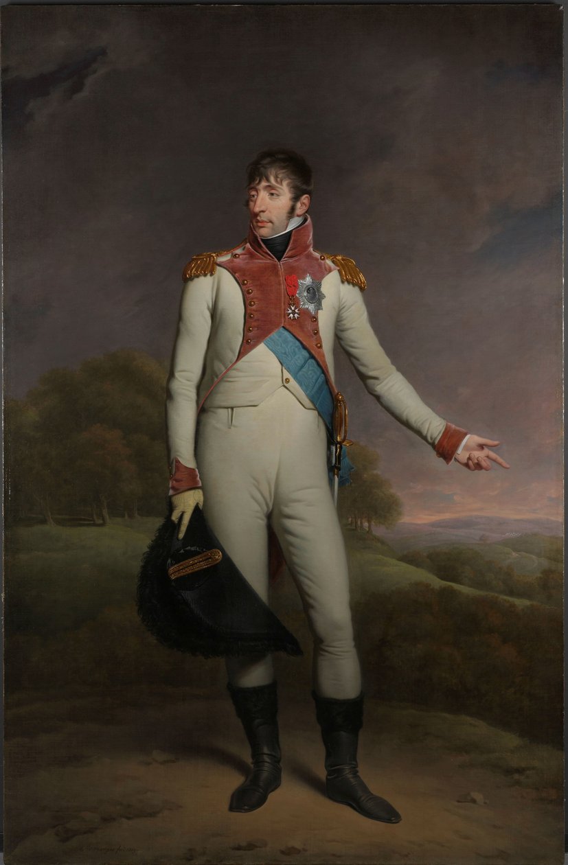 صورة لويس نابليون ملك هولندا لويس نابليون (1778-1846) ، ملك هولندا من 1806 إلى 1810 ، مرتديًا زي حراس النجاة سيرًا على الأقدام ، ومزينًا بالصليب الكبير للنظام الملكي لاتحاد هولندا وضباط الصليب في L بواسطة تشارلز هوارد هودجز