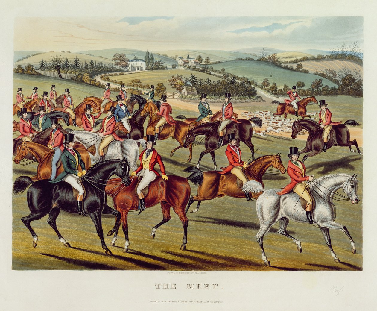 "ذا ميت" ، اللوحة الأولى من "صيد الثعلب" ، 1838 (ألوان مائية يدوية) بواسطة تشارلز هانت