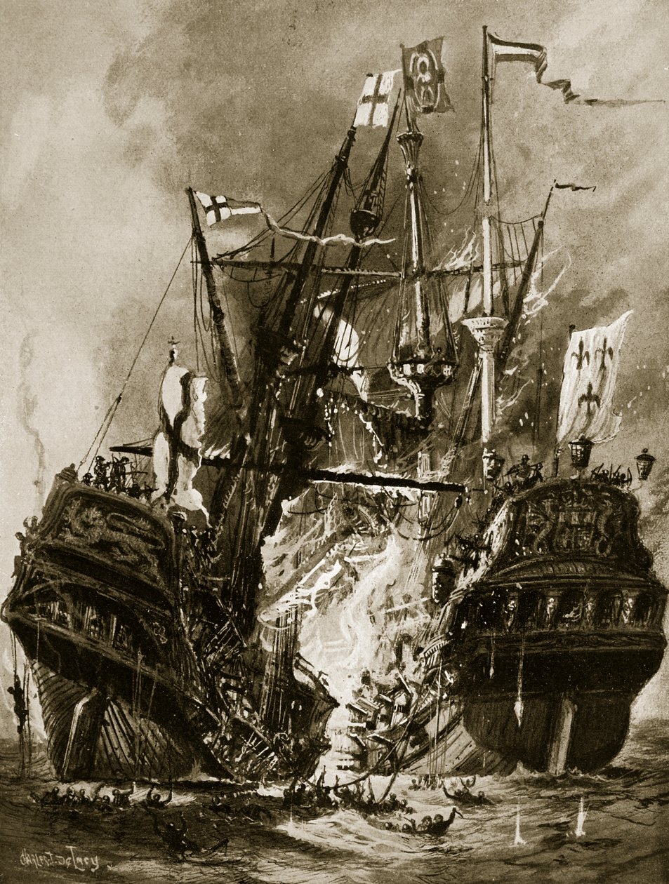 حرق "ريجنت" ، 1512 ، رسم توضيحي من "قصة هتشنسون للأمة البريطانية" ، ج .1923 بواسطة تشارلز جون دي لاسي