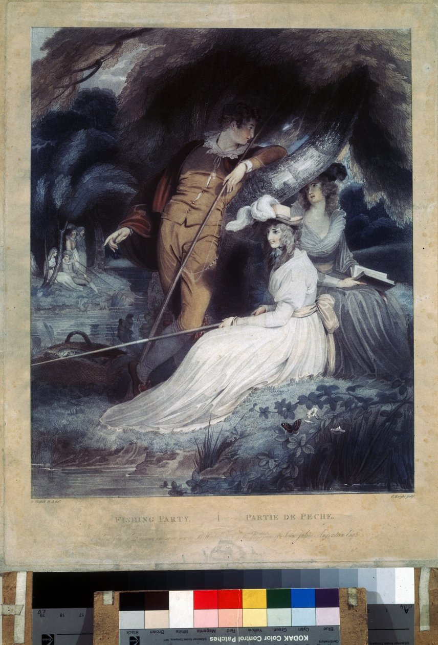 "La partie de peche" (حزب الصيد) برجوازي شاب يرتدي ملابس الأحد ويحمل صنارة صيد. طباعة حجرية لتشارلز نايت (1743-1826) متحف بوشكين ، موسكو بواسطة تشارلز نايت