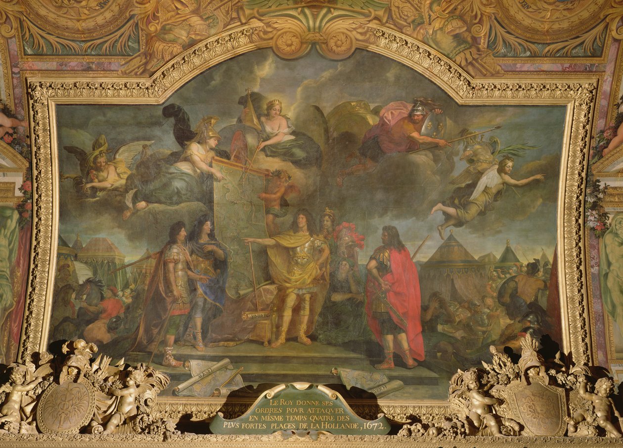 الملك لويس الرابع عشر (1638-1715) يعطي أوامر بالهجوم المتزامن لأربعة من أقوى المواقع الهولندية في عام 1672 ، لوحة السقف من Galerie des Glaces بواسطة تشارلز لو برون