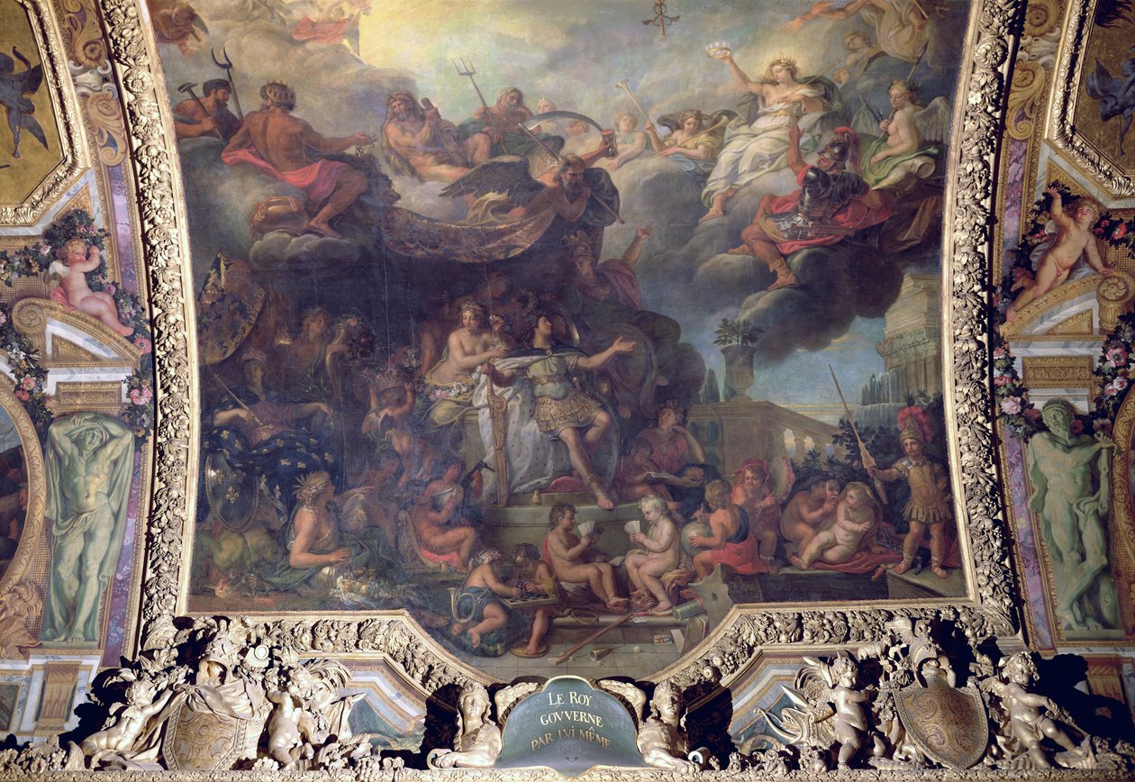 الملك لويس الرابع عشر (1638-1715) يحكم وحده في 1661 ، لوحة السقف من غاليري دي غلاس بواسطة تشارلز لو برون