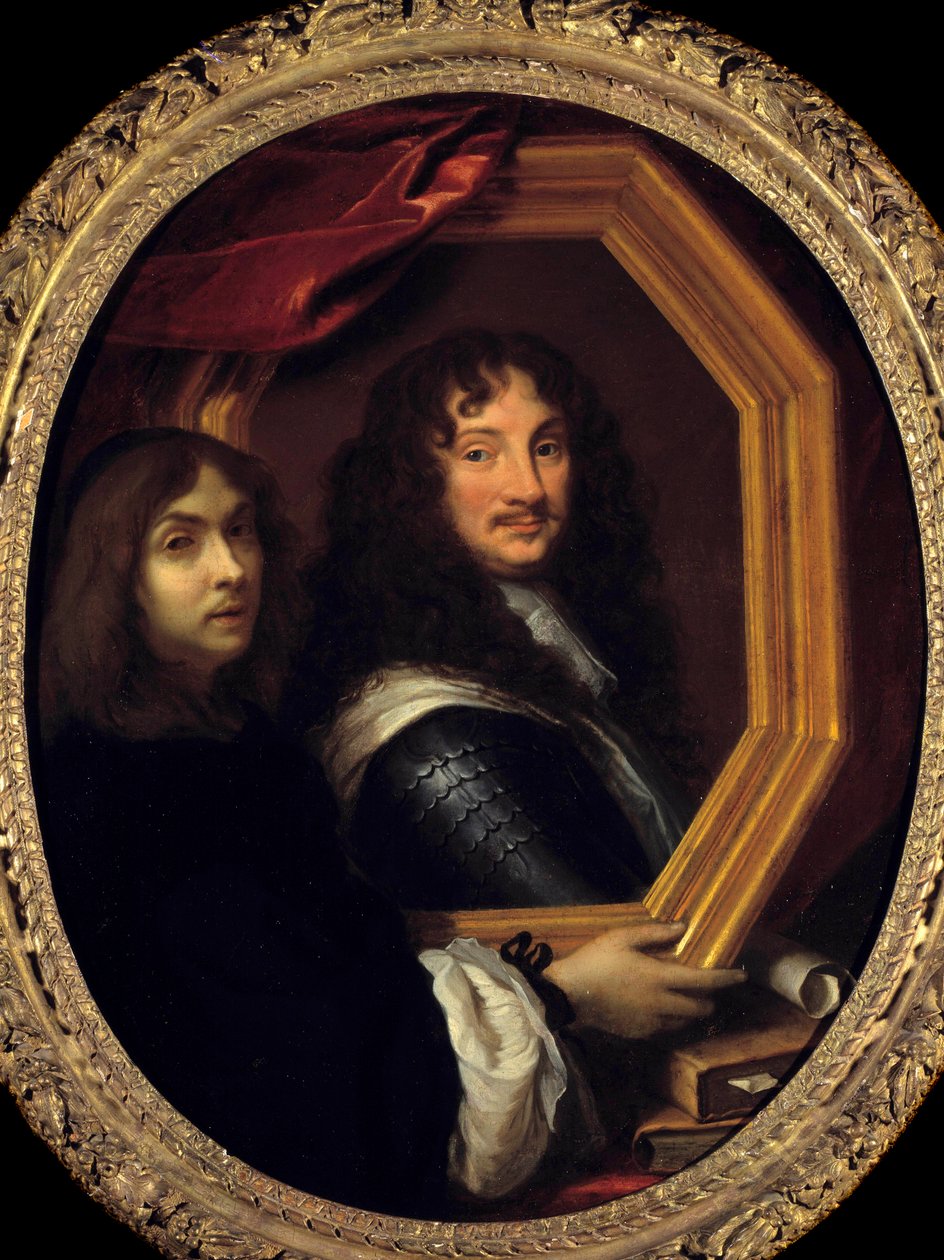 Portrait of the artist (or self-portrait) presenting that of a military Painting by Charles Lebrun (Le Brun) (1619-1690) 17th century Sun. 1,04x0,85 m - Portrait of the artist (or self-portrait) holding the portrait of a military. Painting by Charles Lebru بواسطة تشارلز لو برون