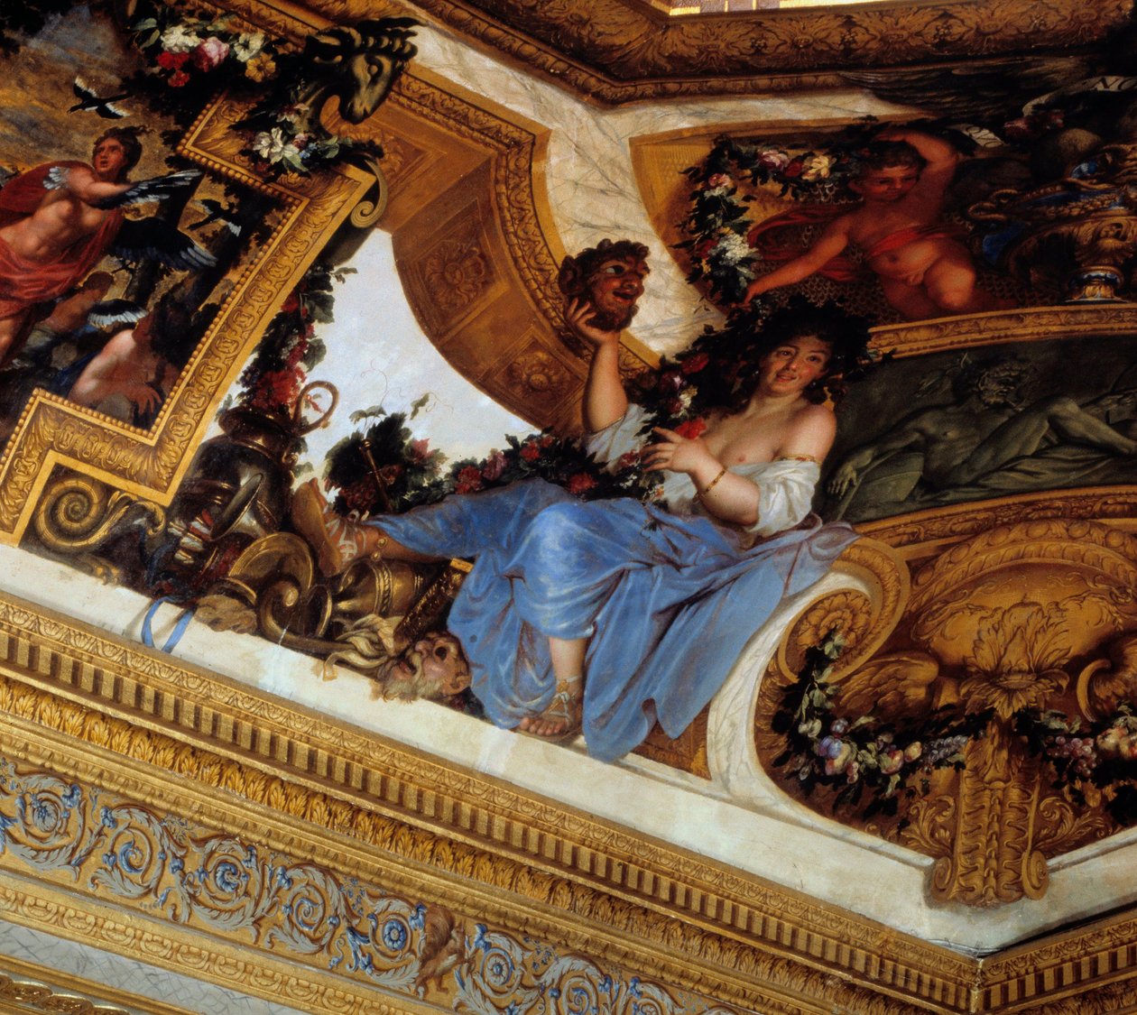 Thalie ، أحد Muses ، راعي الكوميديا ​​والدعيرات الرعوية تفاصيل لوحات Salon des Muses التي كتبها Charles Lebrun (Le Brun) (1619-1690) من القرن السابع عشر Chateau de Vaux Le Visomte (Vaux-Le-Vicomte) ، السين ومارن. بواسطة تشارلز لو برون