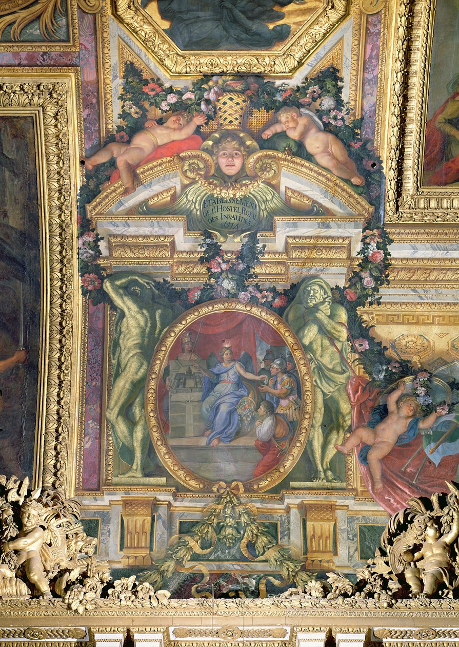 تأسيس فندق Royal des Invalides عام 1674 ، لوحة السقف من Galerie des Glaces بواسطة تشارلز لو برون