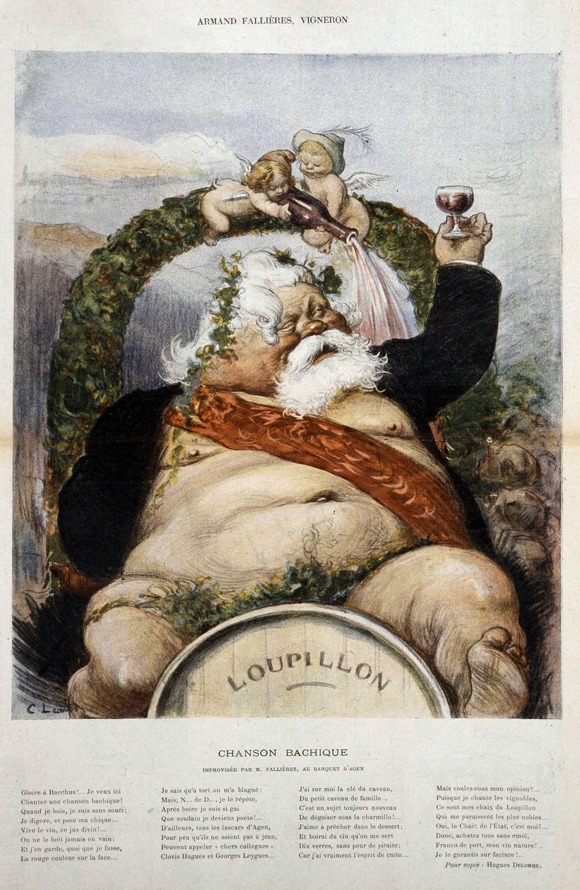 أرماند فاليير ، صانع النبيذ: رسم كاريكاتوري لـ Fallières en Bacchus (Bacco) - في "Le Laughter" "أكتوبر 1906 بواسطة تشارلز ليندر