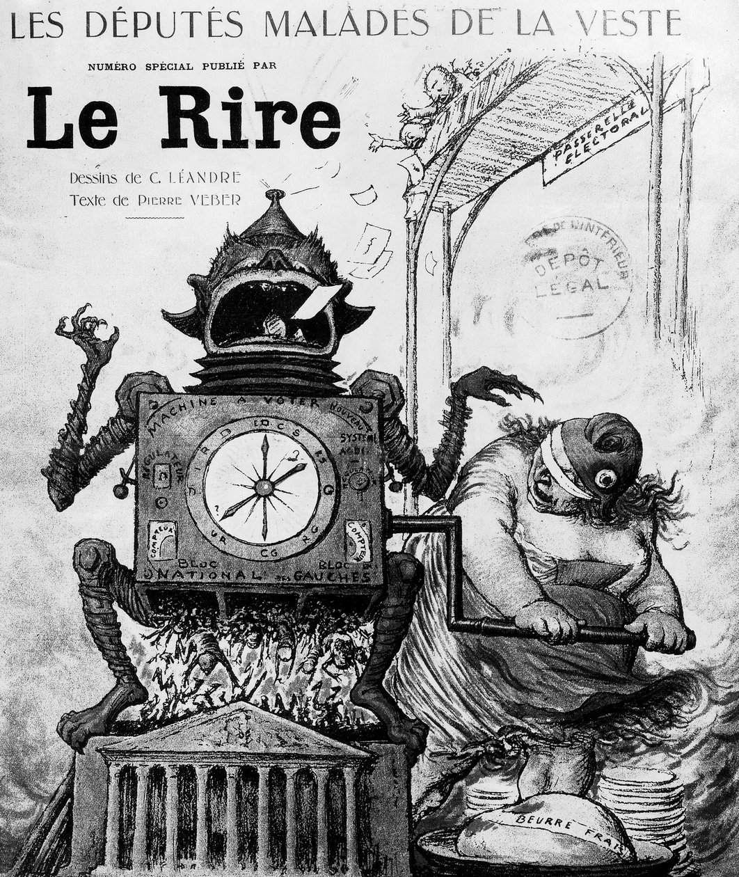 رسم كاريكاتوري لتشارلز ليندر حول الانتخابات العامة لعام 1924 ، نُشر في صحيفة Le Rire في 19 يناير بواسطة تشارلز ليندر