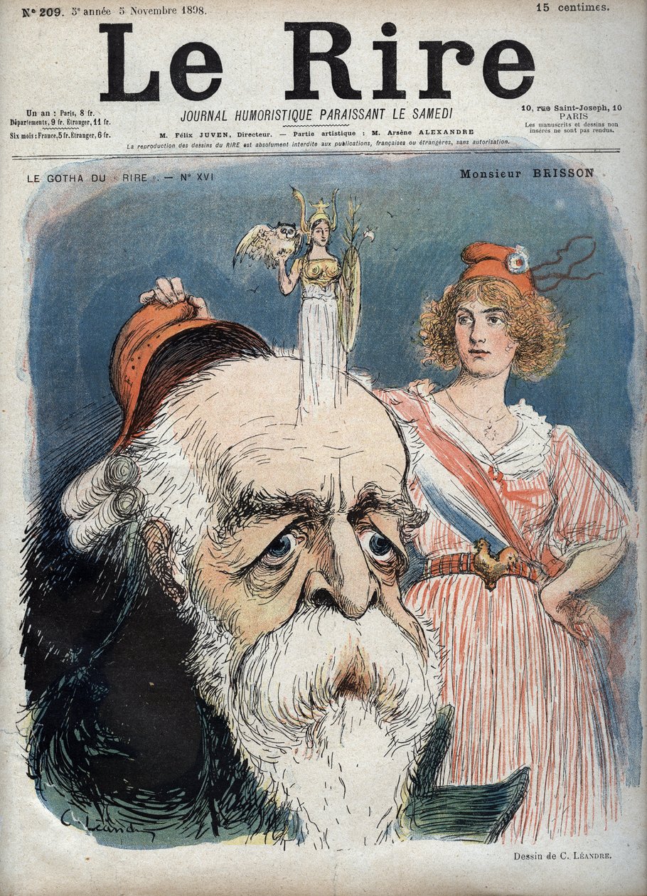 يوجين هنري بريسون (1835-1912) ، محامٍ وصحفي وسياسي فرنسي - ماريان ترفع قبعة حمراء من رأس بريسون ويبدو من رأسها أنها ترفع الإلهة أثينا بكل الصفات - كاريكاتير لتشارلز ليندري (1862-1934) في "" Le Rire "" "من بواسطة تشارلز ليندر