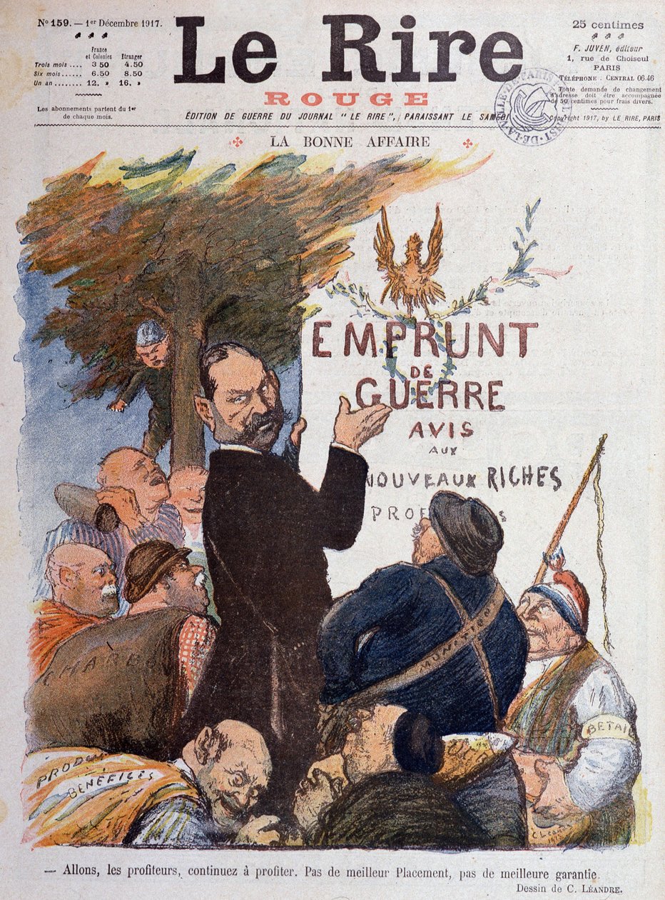 الحرب العالمية الأولى (1914-1918): رسم كاريكاتوري عن الترويج لقرض الحرب ، مصدر دخل للمستفيدين الذين تثريهم تجارة الفحم والذخيرة والخيول - رسم تشارلز ليندري (1862-1934) لغلاف Le Rire Rouge بواسطة تشارلز ليندر