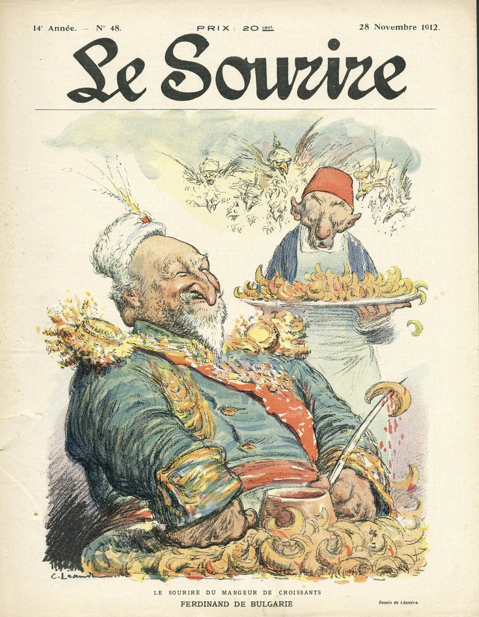 رسم توضيحي لتشارلز ليندر (1862-1934) لغلاف Le Smile ، العدد 48 ، 28/11/12 - ابتسامة آكل الكرواسان - تركيا ، الشرق ، البلقان ، بلغاريا - فرديناند دي بلغاريا بواسطة تشارلز ليندر