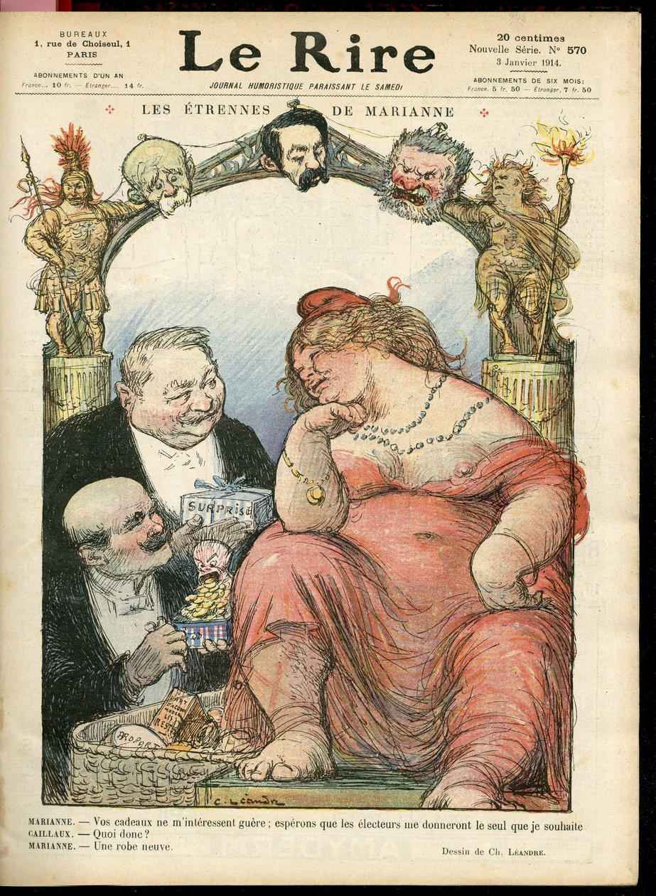 رسم توضيحي لتشارلز ليندر (1862-1934) لغلاف Le Rire ، 14/03/01 - Les strennes de Marianne - Tribun - Clemenceau George ، Jaures Jean ، Briand Aristide ، Marianne ، Caillaux Joseph (1863-1944) بواسطة تشارلز ليندر