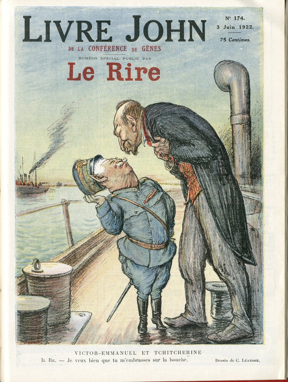 رسم توضيحي لتشارلز ليندري (1862-1934) لغلاف Le Rire ، 22/03/06 - إيطاليا ، اتحاد الجمهوريات الاشتراكية السوفياتية - فيكتور عمانويل 1er ، Gueorgui Titcherine (1872-1936) بواسطة تشارلز ليندر