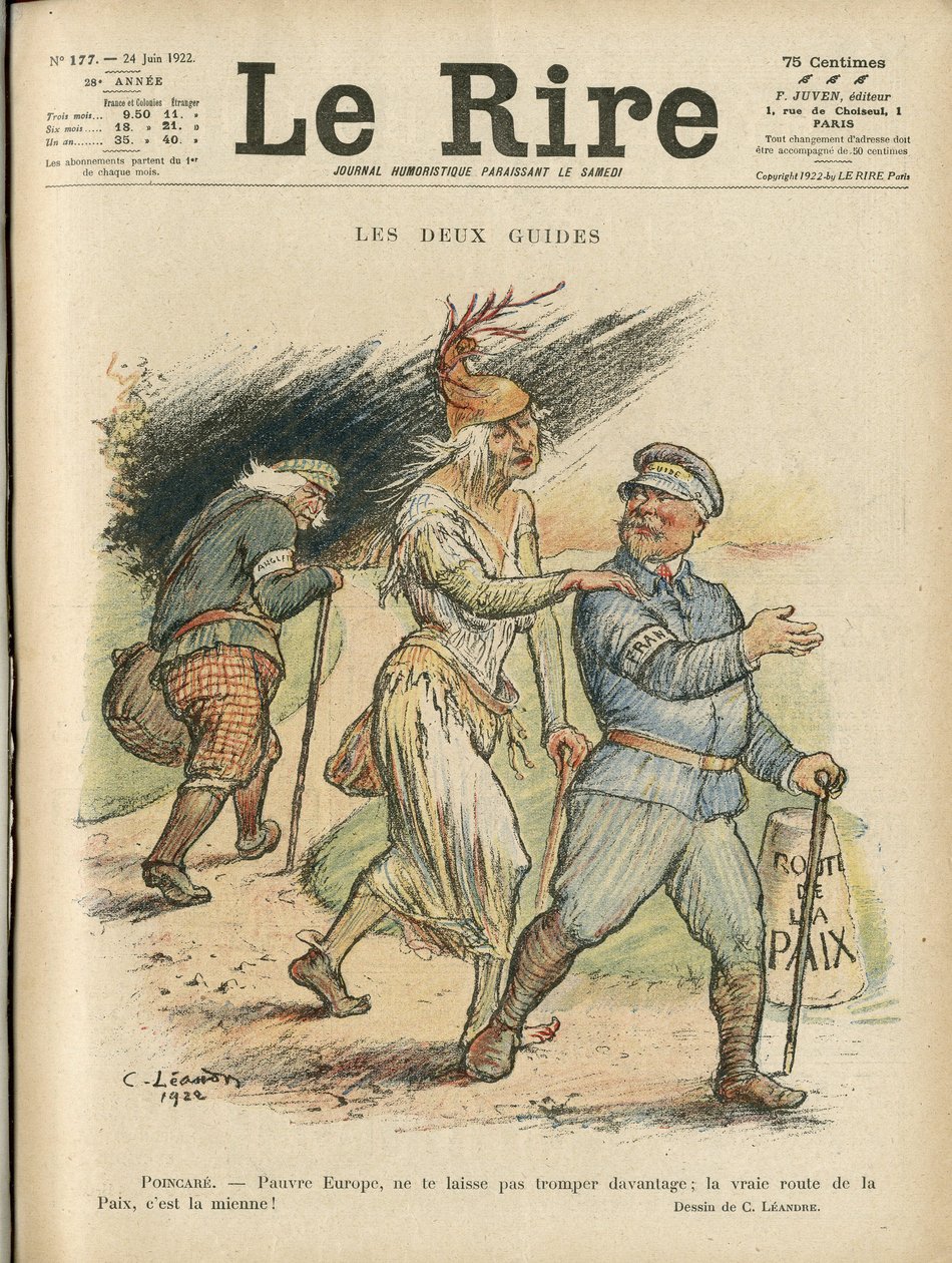 رسم توضيحي لتشارلز ليندر (1862-1934) لغلاف Le Rire ، 24/06/22 - المرشدان - إنجلترا ، بريطانيا العظمى ، أوروبا ، رئيس الجمهورية ، السلام ، Chapeau - Poinsare Raymond ، David Lloyd George (1863- 1945) بواسطة تشارلز ليندر