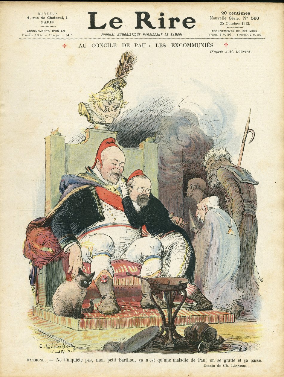 رسم توضيحي لتشارلز لياندر (1862-1934) لغلاف Le Rire ، 25/10/13 - في مجلس باو: الحرفيين - الإيمان الديني ، رئيس الجمهورية ، الفاتحة ، كرسي بذراعين (رمز القوة) - كومبس إميل (1835-1921) ماريان ، بوانكاريه ريموند ، بواسطة تشارلز ليندر