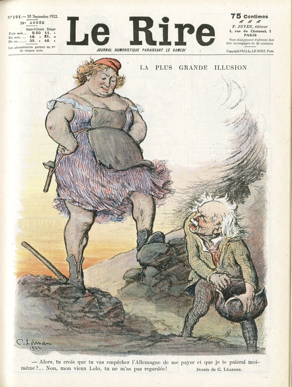 رسم توضيحي لتشارلز ليندر (1862-1934) لغلاف Le Rire ، 30/09/22 - أعظم وسام - ألمانيا ، بروسيا ، إنجلترا ، بريطانيا العظمى ، التعويضات - ماريان ، ديفيد لويد جورج (1863-1945) - تريفياليت بواسطة تشارلز ليندر