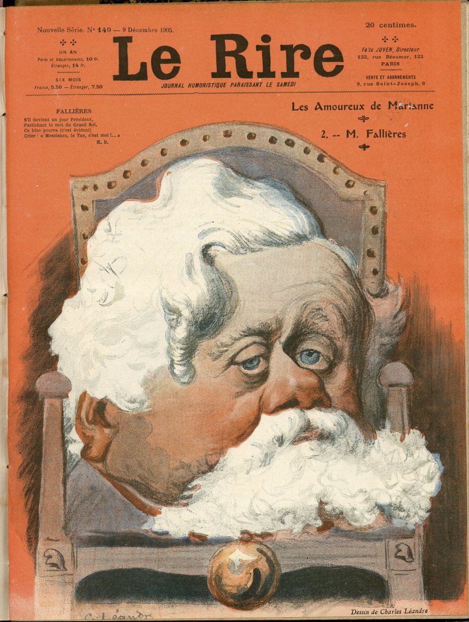 رسم توضيحي لتشارلز ليندر (1862-1934) لغلاف Le Rire ، رقم 149 ، 09/12/05 - رئيس الجمهورية ، كرسي بذراعين (رمز القوة) - Fallieres Armand (1841-1931) بواسطة تشارلز ليندر