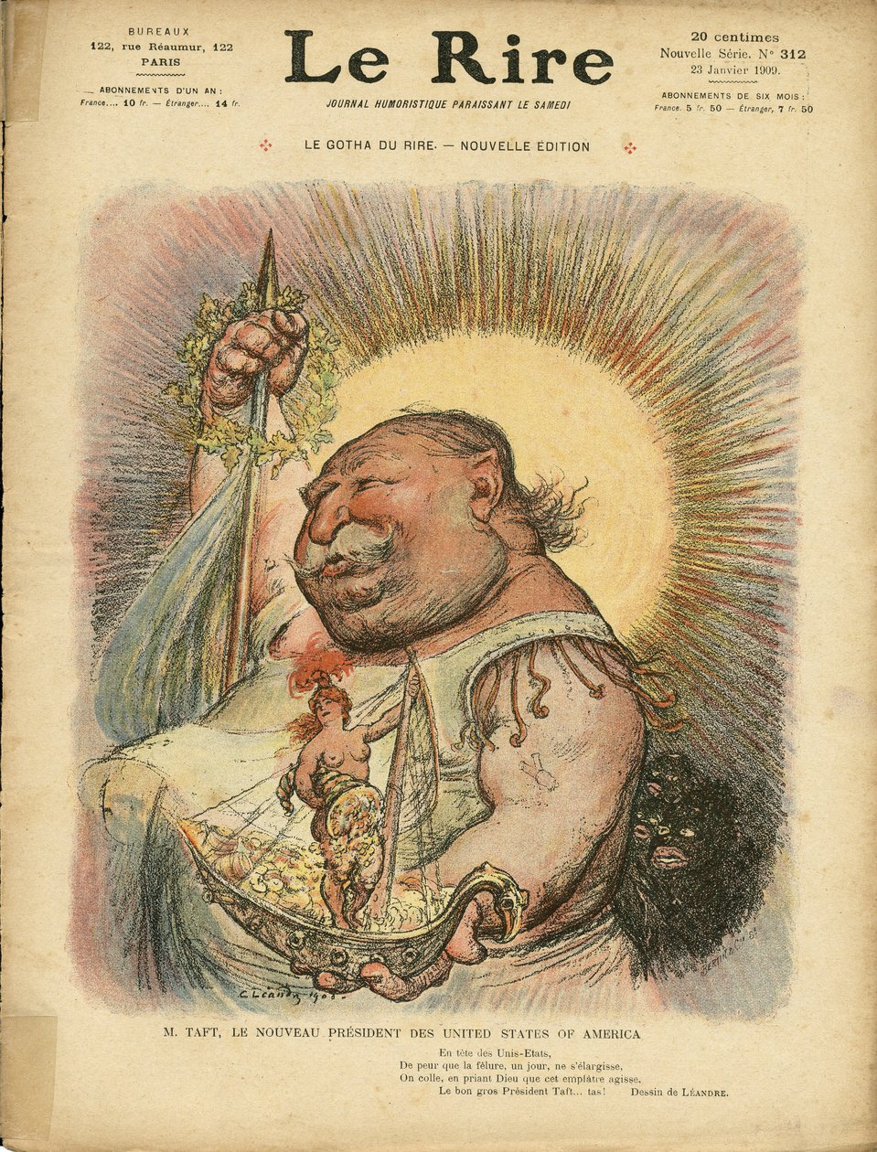 رسم توضيحي لتشارلز ليندر (1862-1934) لغلاف Le Rire ، رقم 312 ، 23/01/09 - أمريكا الولايات المتحدة الأمريكية - وليام هوارد تافت (1857-1930) ، رئيس بواسطة تشارلز ليندر