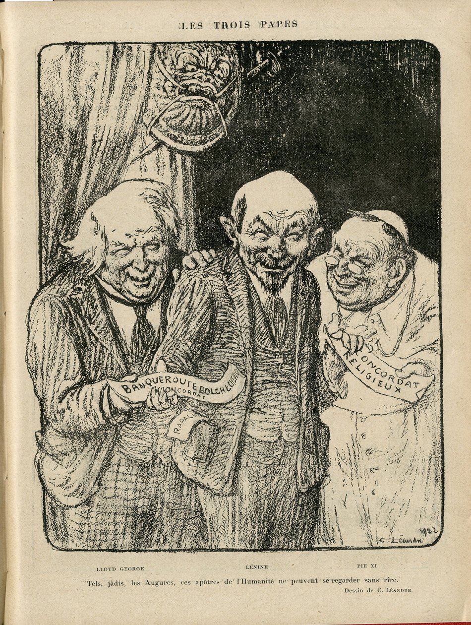 رسم توضيحي لتشارلز ليندر (1862-1934) في Le Rire ، 03/06/22 - الباباوات الثلاثة - إنجلترا ، بريطانيا العظمى ، اتحاد الجمهوريات الاشتراكية السوفياتية ، تواريخ التحقق ، الرايخستاغ - لينين ، لويد جورج ، بيوس الحادي عشر بواسطة تشارلز ليندر